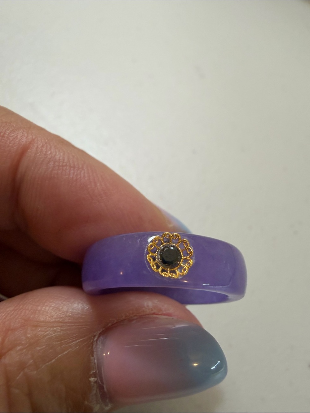 Purple Jade Ring with 18K Gold Flower and Sapphire Stone Size 7